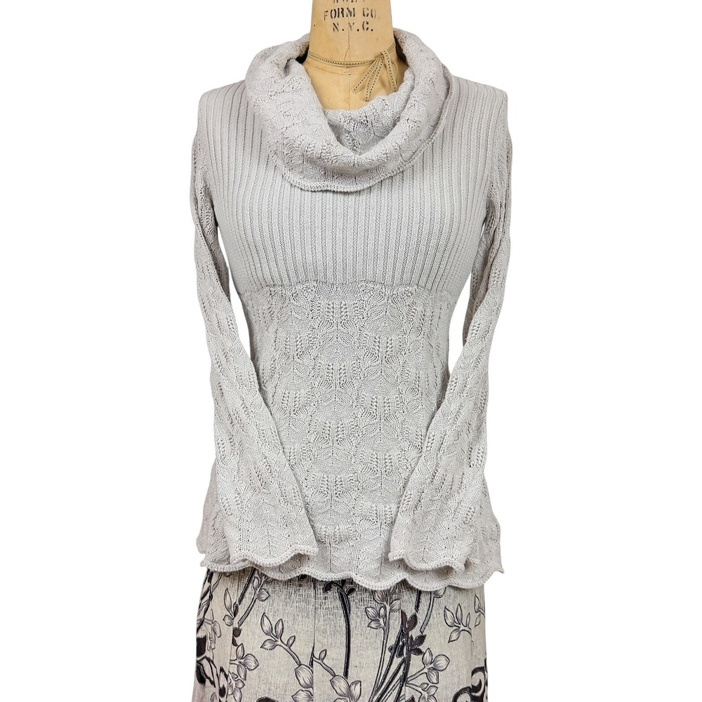 Y2K Silver Cable Knit Cowl Neck Sweater Pointelle Babydoll Winter Fairy Size S